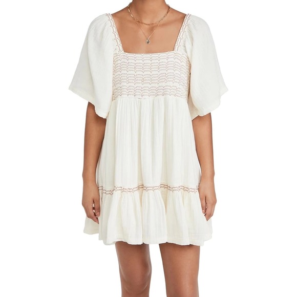 Free People Dresses & Skirts - Free People Easy To Love Smocked Mini Dress S Puff Sleeve Smocked Square Neck